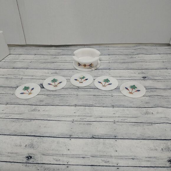 6PC Flower Mosaic Beautiful White Granite Coaster 3” Coaster Damaged As Shown. - Picture 1 of 10